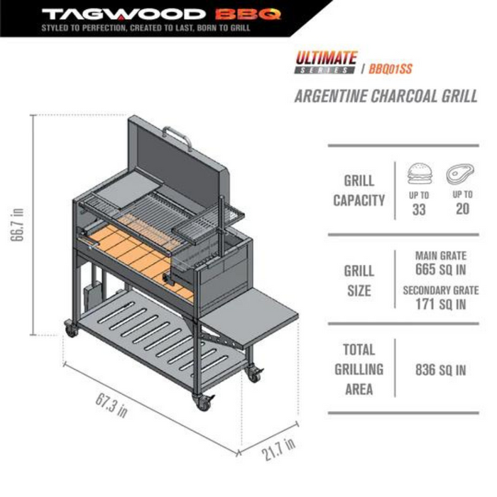 Tagwood BBQ Argentine Santa Maria Wood Fire & Charcoal Grill with Top Lid (BBQ01SS)