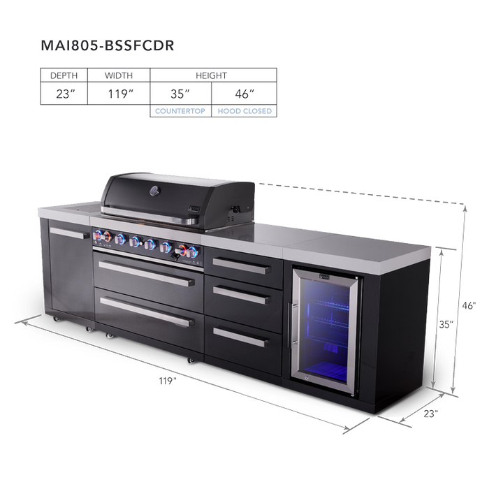 Mont Alpi 805 Black Stainless Steel BBQ Grill Island with Extra Drawer Storage & Fridge - MAi805-BSSDRFC (PREORDER - Est. Ship Date Dec 15)