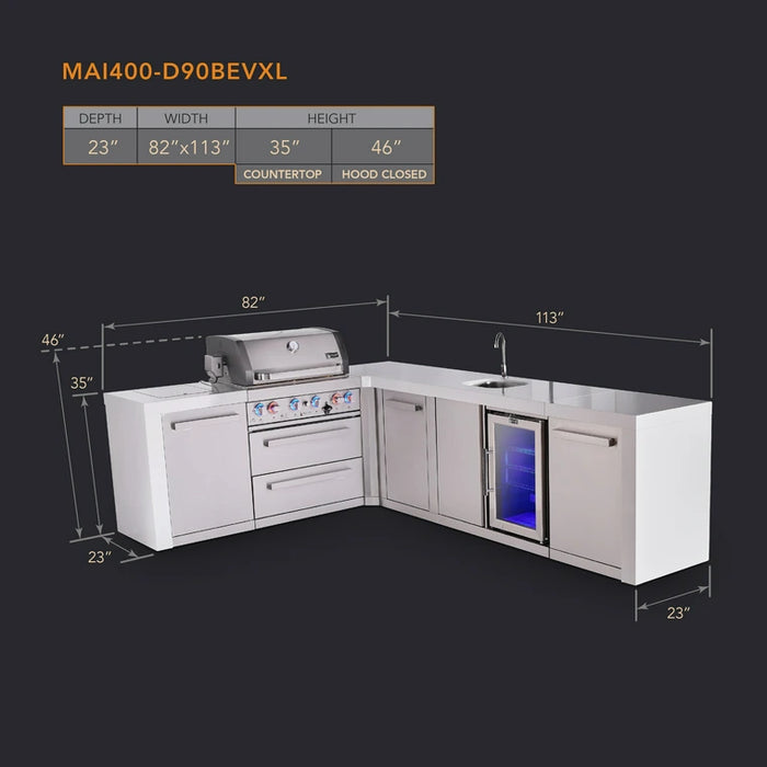 Mont Alpi 400 Deluxe BBQ Grill Island with L-Shape, Beverage Center & Extra Storage - MAi400-D90BEVXL