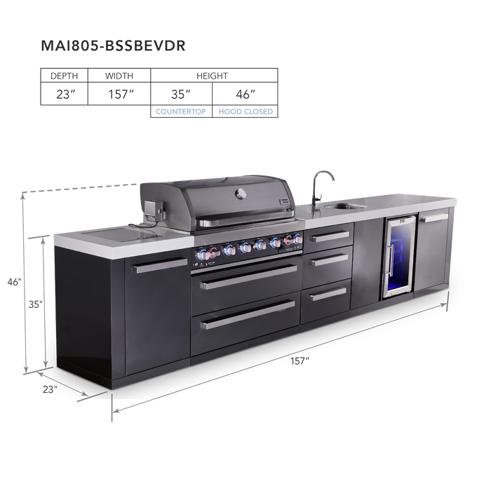 Mont Alpi 805 Black Stainless Steel BBQ Grill Island with Beverage Center & Extra Drawer Storage - MAi805-BSSBEVDR (PREORDER - Est. Ship Date Dec 15)