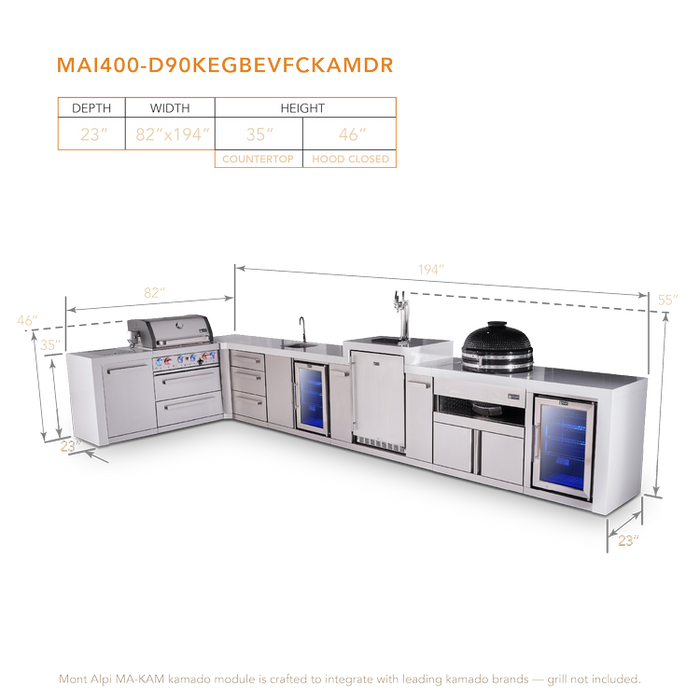 Mont Alpi 400 Deluxe BBQ Grill Island with L-Shape, Beverage Center, Kegerator, Kamado Module, Extra Drawer Storage & Fridge - MAi400-D90KEGBEVFCKAMDR