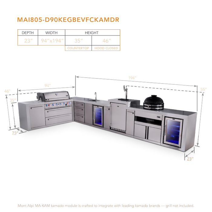 Mont Alpi 805 Deluxe BBQ Grill Island with L-Shape, Beverage Center, Kegerator, Kamado Module, Extra Drawer Storage & Fridge - MAi805-D90KEGBEVFCKAMDR