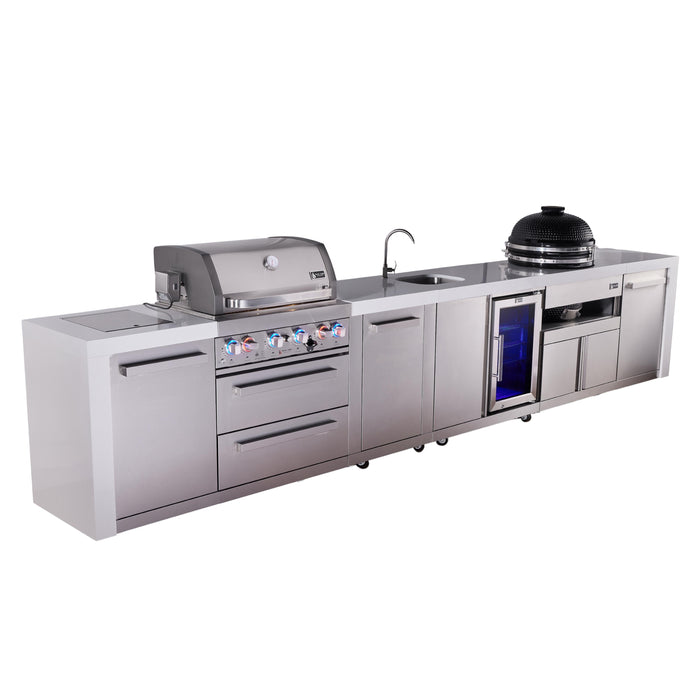 Mont Alpi 400 Deluxe BBQ Grill Island with Beverage Center, Kamado Module & Extra Storage - MAi400-DBEVKAMXL