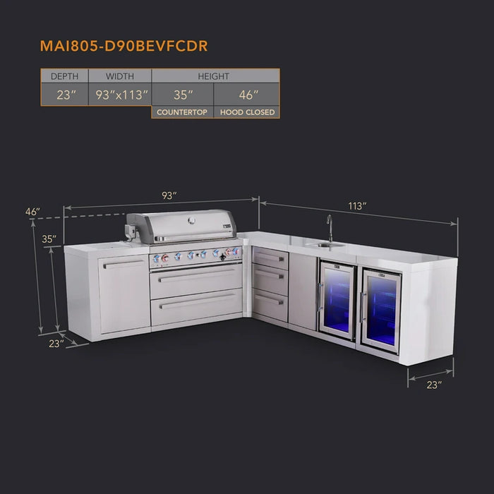 Mont Alpi 805 Deluxe BBQ Grill Island with L-Shape, Beverage Center, Extra Drawer Storage & Fridge - MAi805-D90BEVFCDR