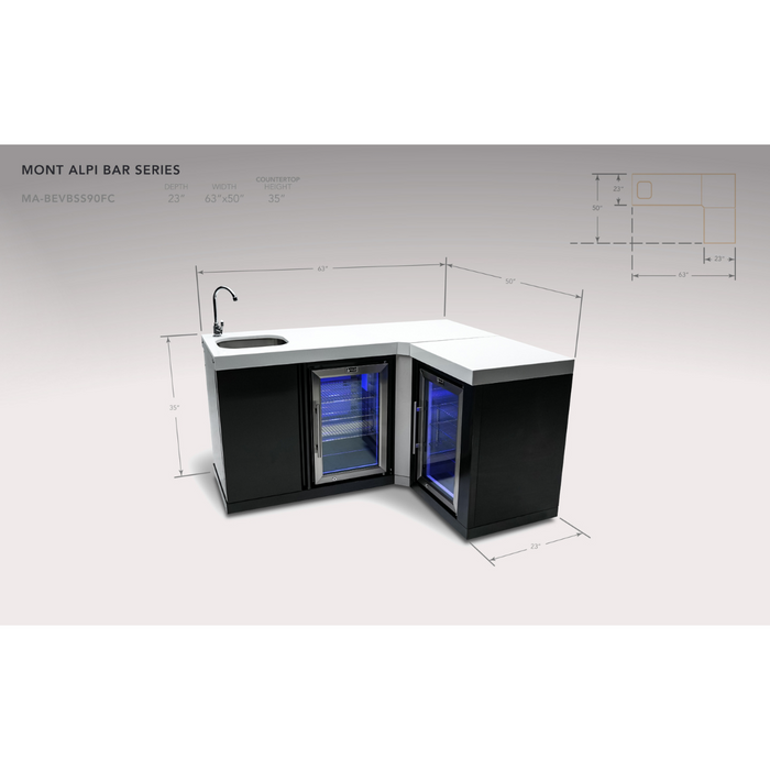 Mont Alpi Black Stainless Steel Beverage Center with 90 Degree Corner and Fridge Cabinet - MA-BEVBSS90FC