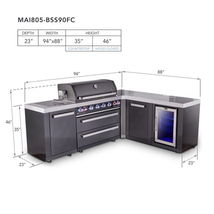 Mont Alpi 805 Black Stainless Steel BBQ Grill Island with L-Shape & Fridge Cabinet - MAi805-BSS90FC
