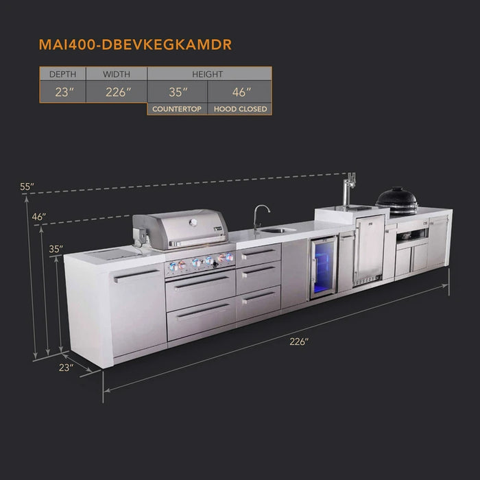 Mont Alpi 400 Deluxe BBQ Grill Island with Beverage Center, Kegerator, Kamado Module & Extra Drawer Storage - MAi400-DKEGBEVKAMDR