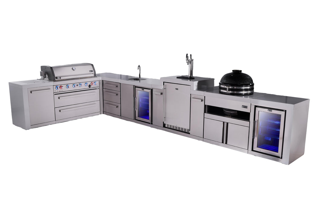 Mont Alpi 805 Deluxe BBQ Grill Island with L-Shape, Beverage Center, Kegerator, Kamado Module, Extra Drawer Storage & Fridge - MAi805-D90KEGBEVFCKAMDR