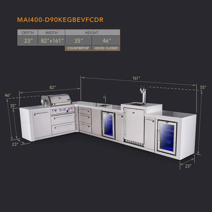 Mont Alpi 400 Deluxe BBQ Grill Island with L-Shape, Beverage Center, Kegerator, Extra Drawer Storage & Fridge - MAi400-D90KEGBEVFCDR