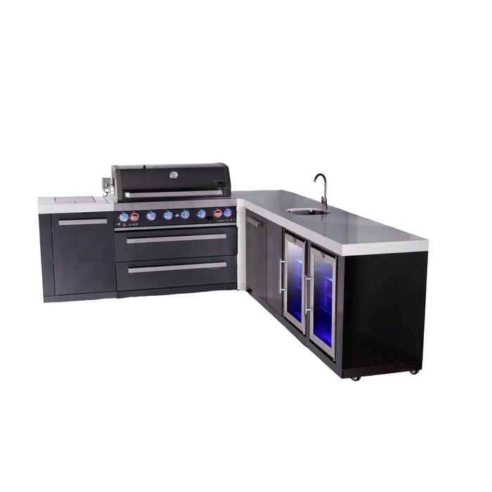 Mont Alpi 805 Black Stainless Steel BBQ Grill Island with L-Shape, Beverage Center, Extra Storage & Fridge - MAi805-BSS90BEVFCXL