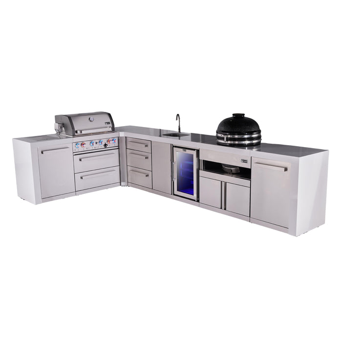 Mont Alpi 400 Deluxe BBQ Grill Island with L-Shape, Beverage Center, Kamado Module & Extra Drawer Storage - MAi400-D90BEVKAMDR