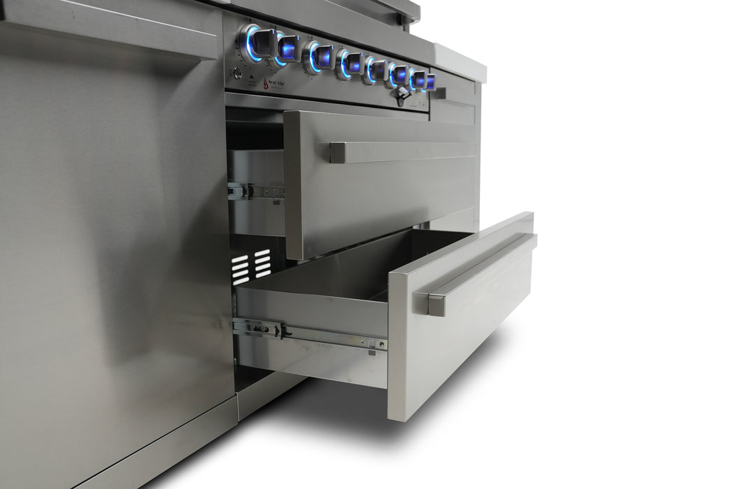 Mont Alpi 805 Deluxe BBQ Grill Island with L-Shape, Beverage Center, Kegerator, Kamado Module, Extra Drawer Storage & Fridge - MAi805-D90KEGBEVFCKAMDR