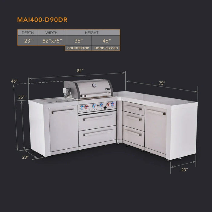 Mont Alpi 400 Deluxe BBQ Grill Island with L-Shape & Extra Drawer Storage - MAi400-D90DR