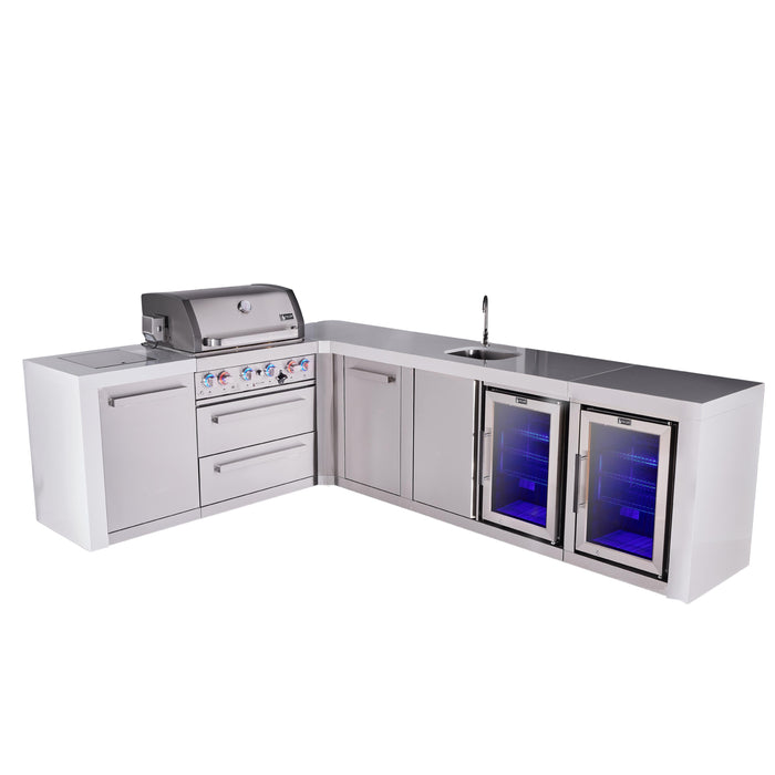 Mont Alpi 400 Deluxe BBQ Grill Island with L-Shape, Beverage Center, Extra Storage & Fridge - MAi400-D90BEVFCXL