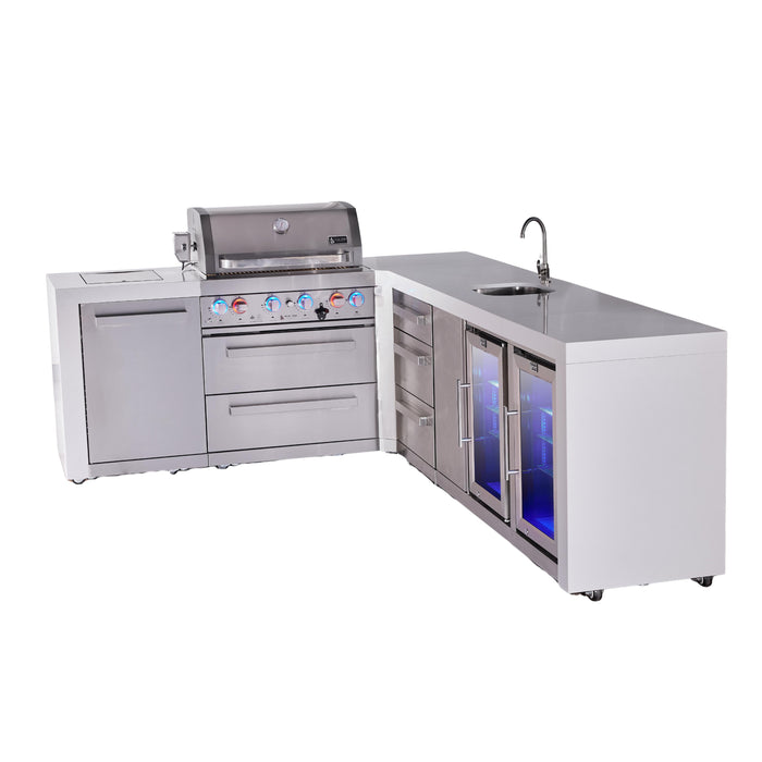 Mont Alpi 400 Deluxe BBQ Grill Island with L-Shape, Beverage Center, Extra Drawer Storage & Fridge - MAi400-D90BEVFCDR