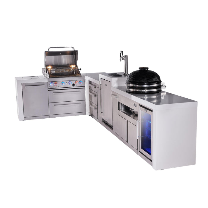Mont Alpi 400 Deluxe BBQ Grill Island with L-Shape, Kegerator, Kamado Module, Extra Drawer Storage & Fridge - MAi400-D90KEGFCKAMDR