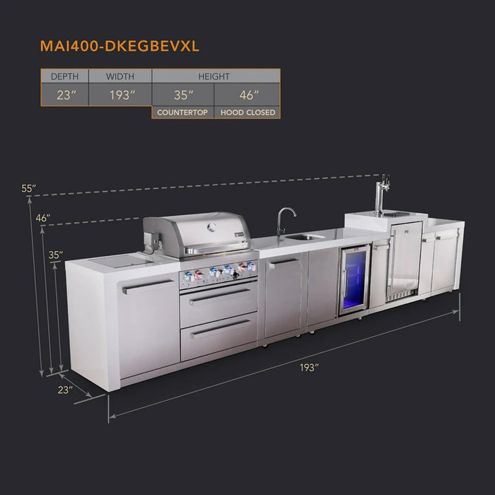 Mont Alpi 400 Deluxe BBQ Grill Island with L-Shape, Beverage Center, Kegerator & Extra Storage - MAi400-DKEGBEVXL