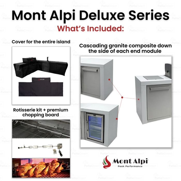 Mont Alpi 400 Deluxe BBQ Grill Island with 90 Degree Corner, Kegerator, Beverage Center & Fridge Cabinet - MAi400-D90KEGBEVFC