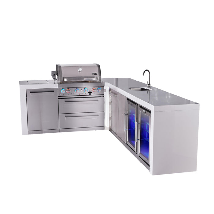 Mont Alpi 400 Deluxe BBQ Grill Island with L-Shape, Beverage Center, Extra Storage & Fridge - MAi400-D90BEVFCXL