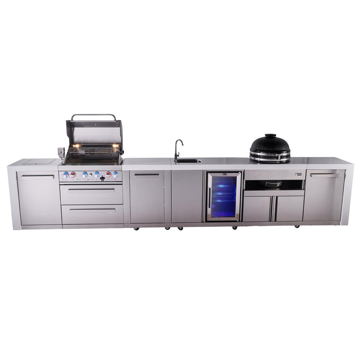 Mont Alpi 400 Deluxe BBQ Grill Island with Beverage Center, Kamado Module & Extra Storage - MAi400-DBEVKAMXL