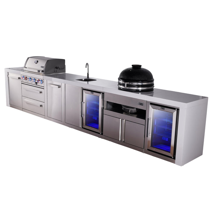 Mont Alpi 400 Deluxe BBQ Grill Island with Beverage Center, Kamado Module, Extra Storage & Fridge - MAi400-DBEVFCKAMXL
