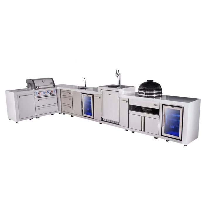 Mont Alpi 400 Deluxe BBQ Grill Island with L-Shape, Beverage Center, Kegerator, Kamado Module, Extra Drawer Storage & Fridge - MAi400-D90KEGBEVFCKAMDR
