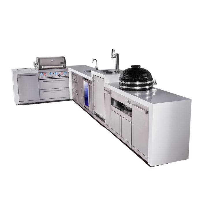 Mont Alpi 400 Deluxe BBQ Grill Island with L-Shape, Beverage Center, Kegerator, Kamado Module & Extra Drawer Storage - MAi400-D90KEGBEVKAMDR