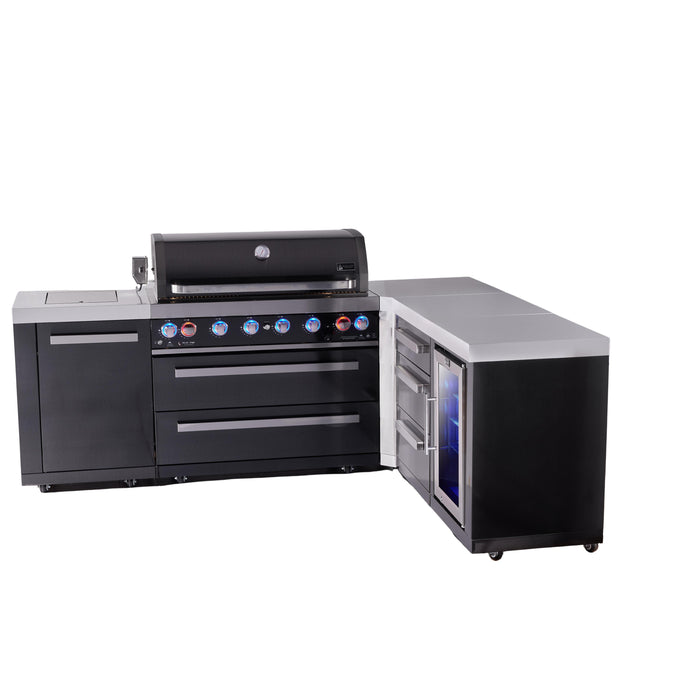 Mont Alpi 805 Black Stainless Steel BBQ Grill Island with L-Shape, Extra Drawer Storage & Fridge - MAi805-BSS90FCDR (PREORDER - Est. Ship Date Dec 15)