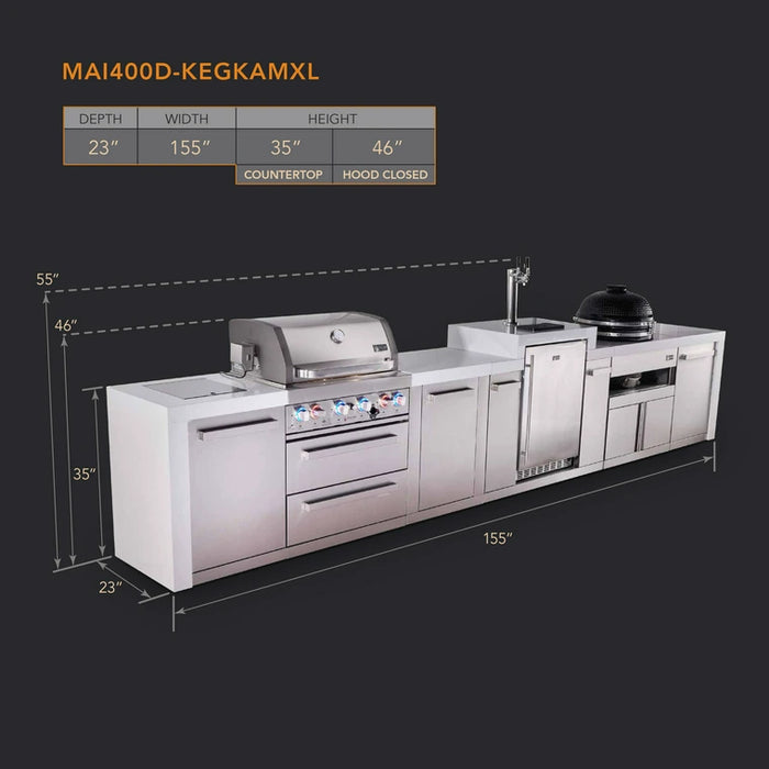 Mont Alpi 400 Deluxe BBQ Grill Island with Kegerator, Kamado Module & Extra Storage - MAi400D-DKEGKAMXL