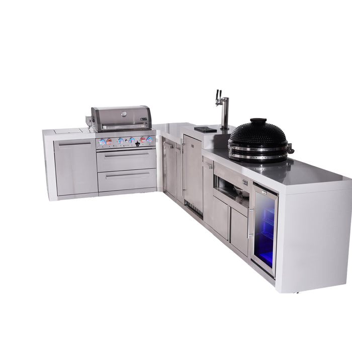 Mont Alpi 400 Deluxe BBQ Grill Island with L-Shape, Kegerator, Kamado Module, Extra Storage & Fridge - MAi400-D90KEGFCKAMXL