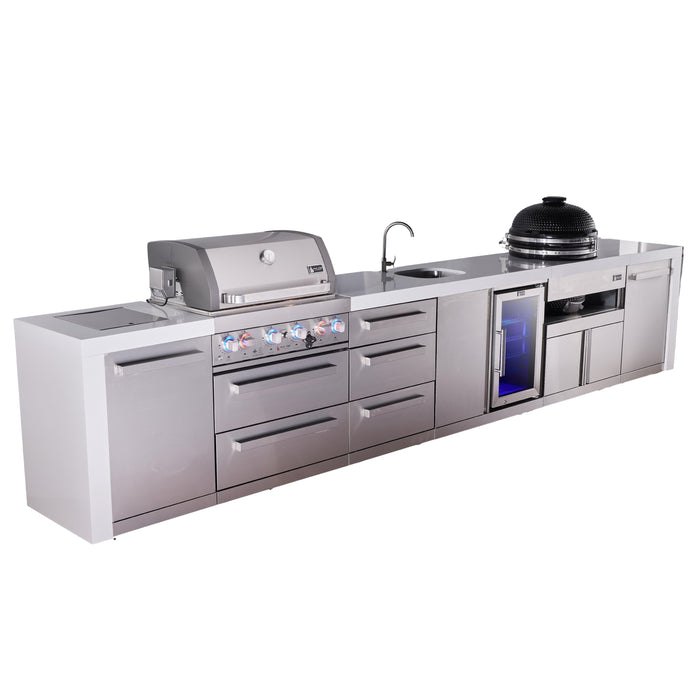 Mont Alpi 400 Deluxe BBQ Grill Island with Beverage Center, Kamado & Extra Drawer Storage - MAi400-DBEVKAMDR