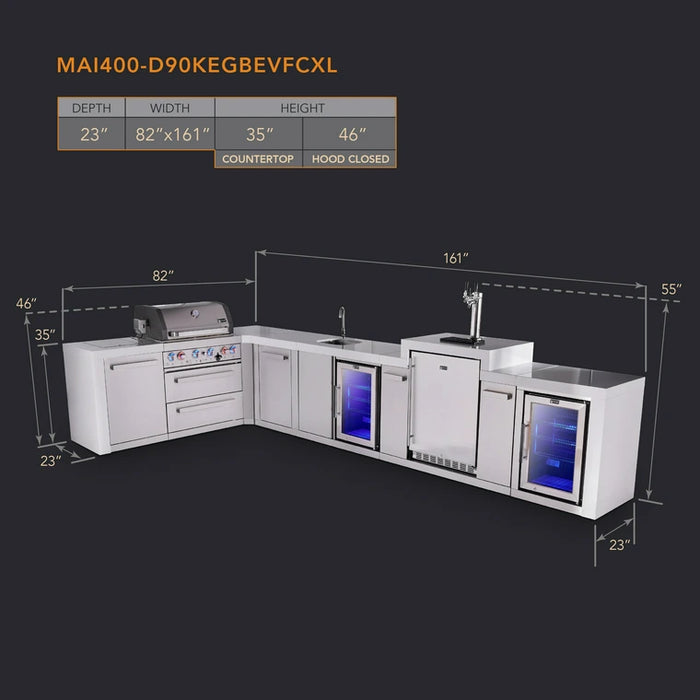 Mont Alpi 400 Deluxe BBQ Grill Island with L-Shape, Beverage Center, Kegerator, Extra Storage & Fridge - MAi400-D90KEGBEVFCXL