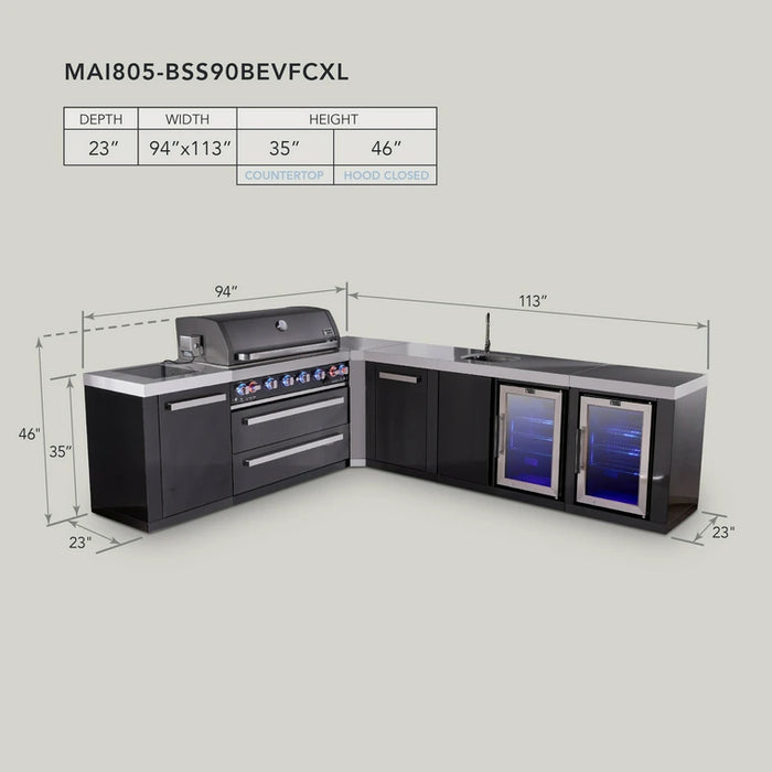 Mont Alpi 805 Black Stainless Steel BBQ Grill Island with L-Shape, Beverage Center, Extra Storage & Fridge - MAi805-BSS90BEVFCXL