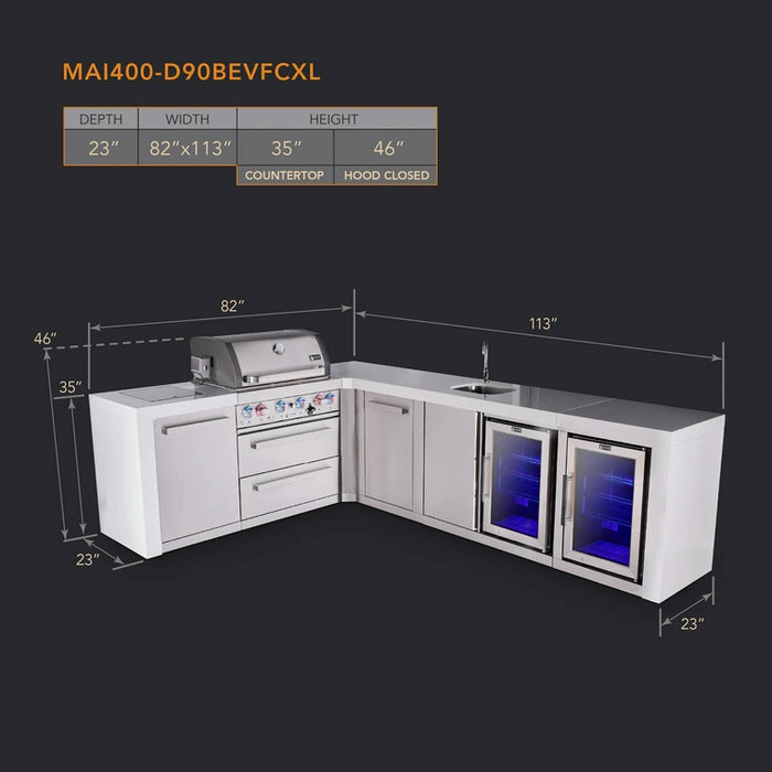 Mont Alpi 400 Deluxe BBQ Grill Island with L-Shape, Beverage Center, Extra Storage & Fridge - MAi400-D90BEVFCXL