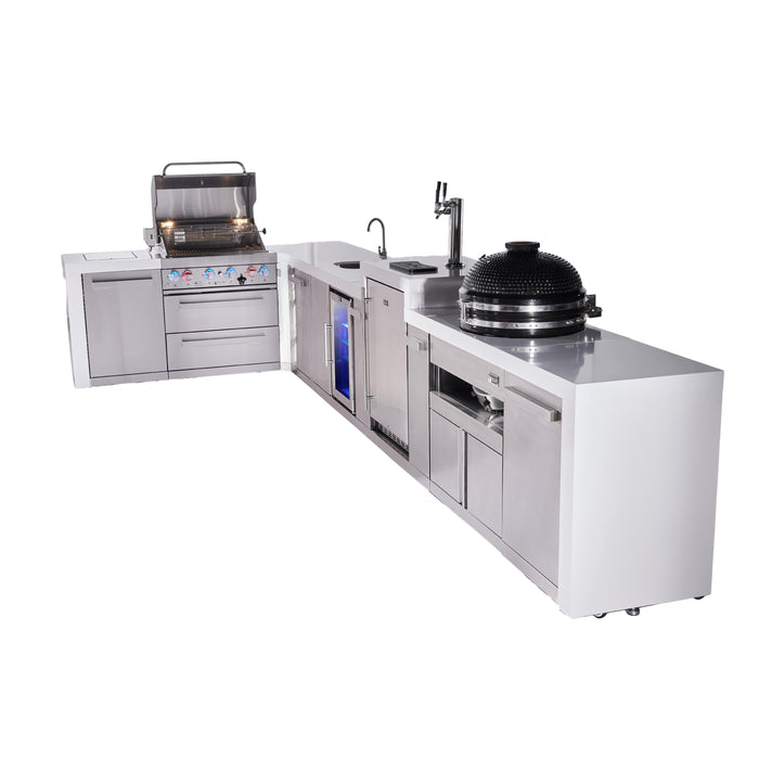 Mont Alpi 400 Deluxe BBQ Grill Island with L-Shape, Beverage Center, Kegerator, Kamado Module & Extra Storage - MAi400-D90KEGBEVKAMXL