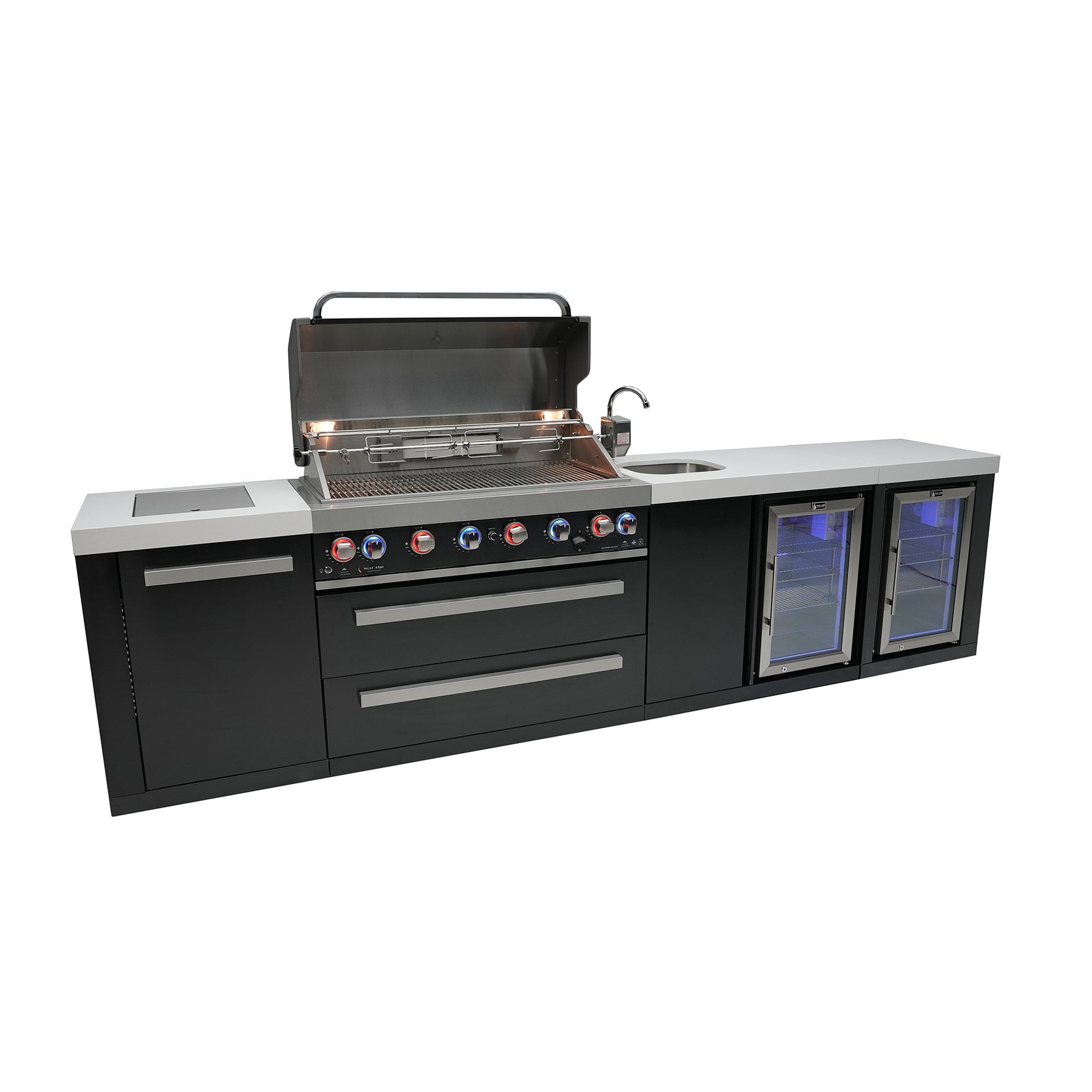 Mont Alpi 805 Black Stainless Steel BBQ Island w/Bev Center & Fridge