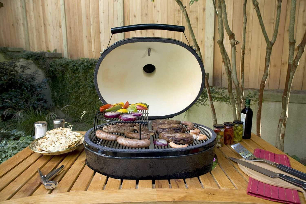 Primo Oval Large 300 Ceramic Kamado Grill on Cypress Countertop Table
